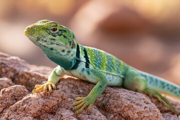 Fototapeta premium Wild reptile perched on warm desert stone, eastern collared lizard in natural light