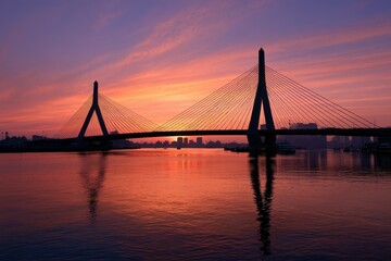 Obraz premium Sunset over a modern cable-stayed bridge on a Massachusetts waterfront