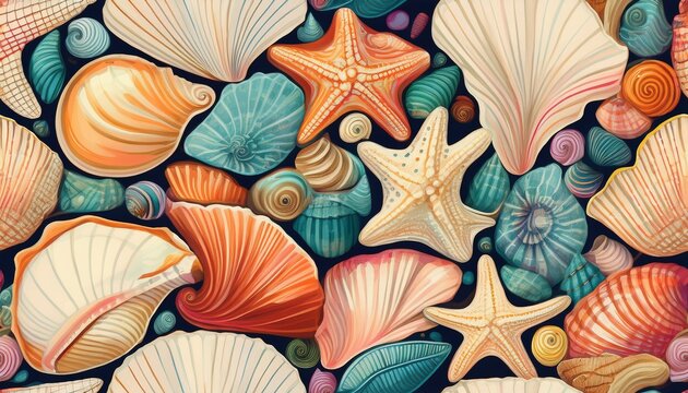 nautical seamless pattern with beach seashells starfish marine snails and conch shells background