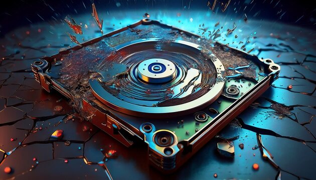 cyber destroyed destroyed computer hard drive platter on grungy metal surface a scratched and shattered metallic storage disk