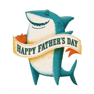 Retro shark dad illustration with Happy Father's Day typography on white background