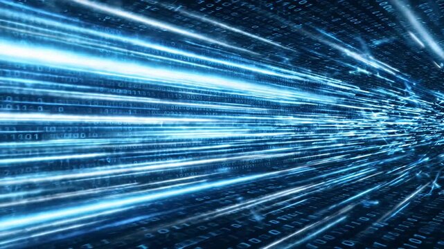 Blue digital data streams with binary code.