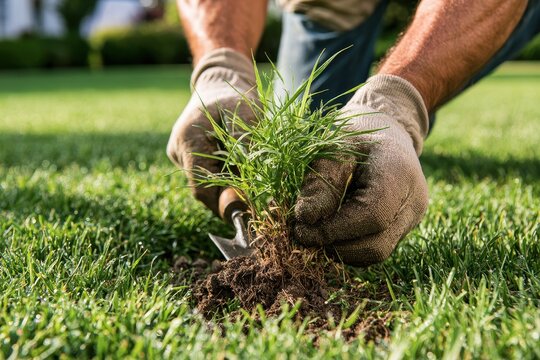 Sustainable lawn upkeep: weed control with crabgrass removal on a lush lawn