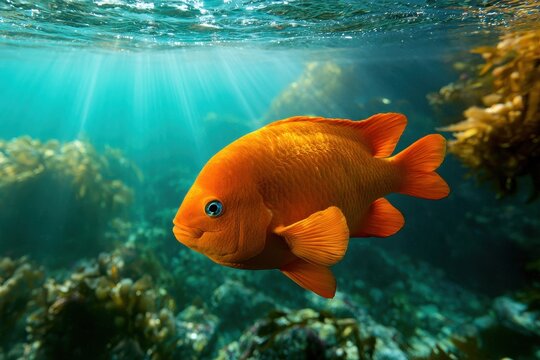 Underwater portrait of a Garibaldi fish in sunlit Pacific waters near Santa Catalina Island