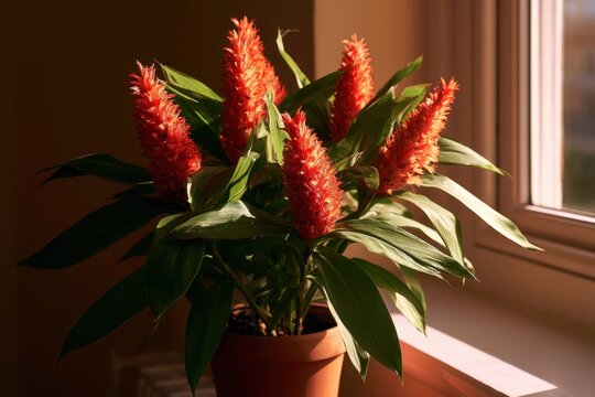 Medicinal plant scene featuring spiral costus in sunlit windowsill