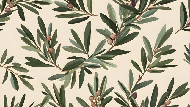 Elegant seamless olive branch pattern with green leaves and small fruits on a light cream background. Mediterranean nature design.