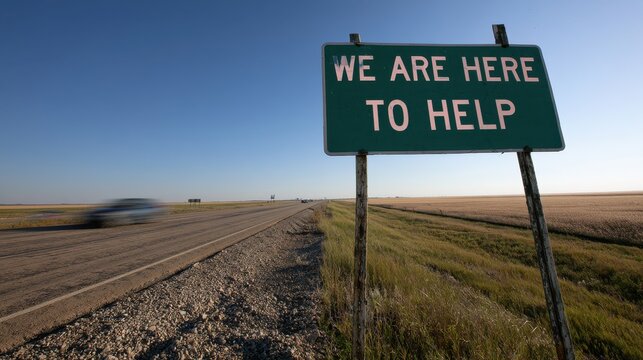 Roadside Sign Reading We Are Here To Help Along a Sunlit Highway