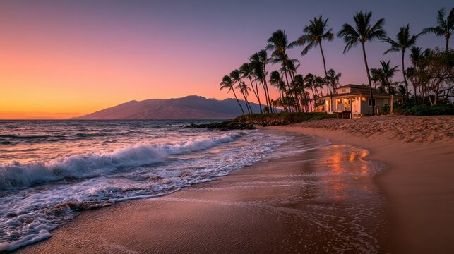 Sunset at Kamaole Beach, Maui: Palm Trees Sway, Ocean Waves Crash on the Sand, and a Lit Lifeguard Hut at Dusk