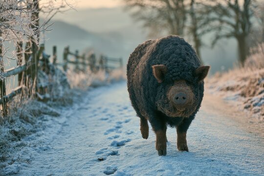 Rustic farmyard scene: mangalitsa pig on a snowy morning
