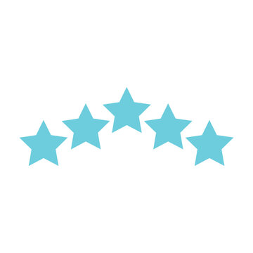 Blue 5 star icon vector set of solid, blue customer rating symbol with five stars for app website design review and feedback concept white background. Vector illustrator.
