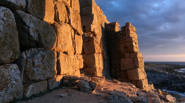 Massive cyclopean walls rising from ancient ruins along a rugged coastal landscape