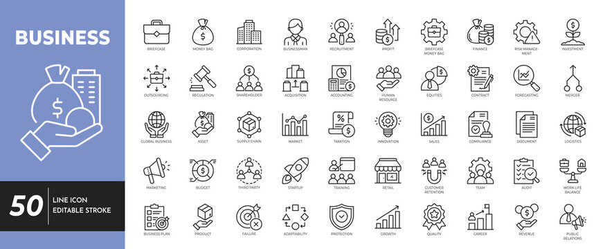 Business outline icon set. Editable stroke. Vector illustration