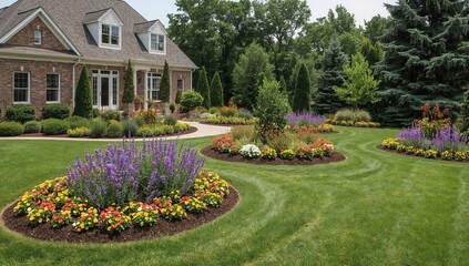 Obraz premium Garden Layout With Flower Beds and Gravel Pathways in a Backyard Setting
