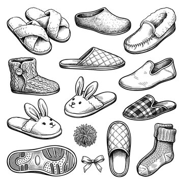 Hand drawn vector doodle sketch of slipper, clog, moccasin, house shoe set, isolate on white background