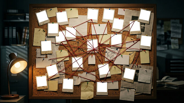 Empty crime investigation evidence board with red string connections investigation corkboard evidence detective planning template documents analysis