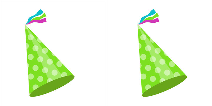 Green party hat with polka dots and colorful ribbons on top, festive accessory for birthday celebrations and parties, vector illustration isolated on transparent background