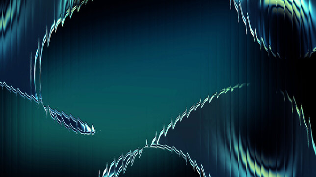 Teal green liquid glass abstract background with glitch wave lines
