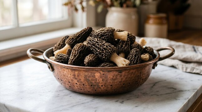Fresh morel mushrooms in a copper colander on a marble counter