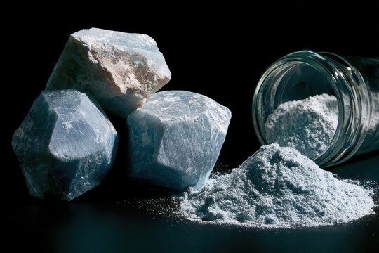 Macro close-up of zeolite minerals: raw mesolite stones and zeolite powder on a black background