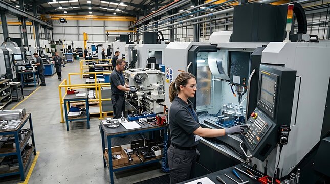 Dedicated factory workers operating advanced CNC machines in a modern, well-equipped industrial manufacturing facility, highlighting precision engineering, industrial productivity, and skilled craftsm