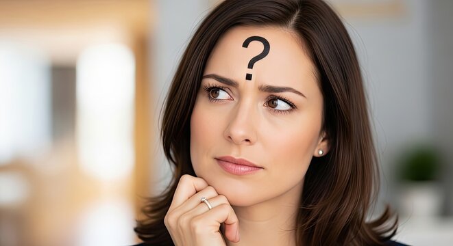 Puzzled Expression: A woman with a question mark on her forehead looks thoughtful, her finger on her chin, pondering a difficult decision or problem.