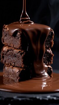Melted chocolate sauce pouring over a stack of fresh dark chocolate brownies on a black background