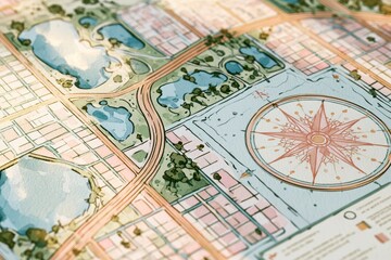 Obraz premium Whimsical watercolor map of Orlando city with neighborhoods, lakes, and parks