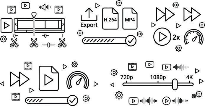 Digital Video Editing and Media Rendering Icon Set with Post Production Software Timelines Export Progress Bars Resolution Sliders and Speed Controls