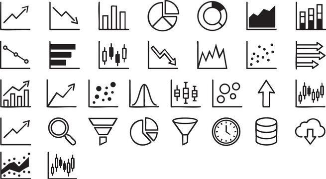 Set of data analysis and financial metrics icons showing charts, graphs, growth trends, and statistical representations for business reports.