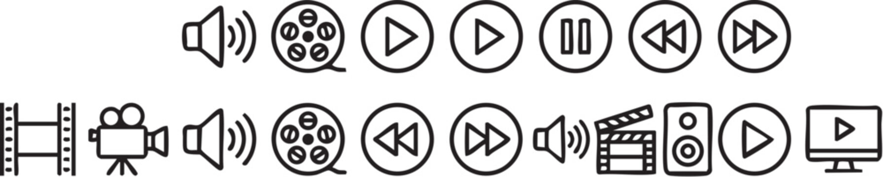 Black-and-white icon collection showcasing various audio controls and multimedia playback symbols in a uniform style.