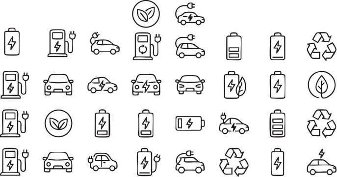 Assorted electric vehicle charging icons and automotive symbols displayed in a structured grid for modern transportation and energy solutions.