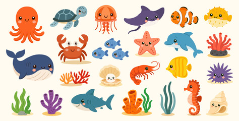 Fototapeta premium Cute Sea Creatures Collection in Kawaii Style. Colorful cartoon ocean animals and marine life vector set.