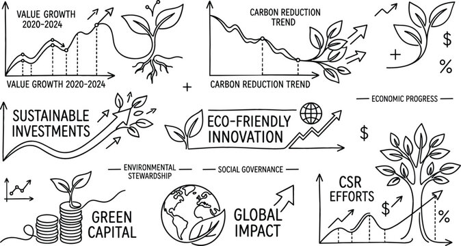 ESG Sustainable Investments and Corporate Social Responsibility Icon Set with Carbon Reduction Trends Green Capital Coins and Eco Friendly Innovation Progress Charts