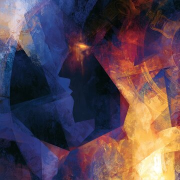 Monumental abstract scene with an ancient ruler silhouette and prophetic imagery in blue and gold