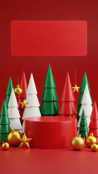 Red podium with minimal Christmas tree and gold ornament for product display. Festive stage for holiday shopping and seasonal marketing banner. 3D render concept for seasonal commerce.