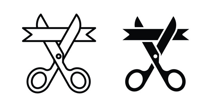 Scissors cutting ribbon icon black and white pictogram set
