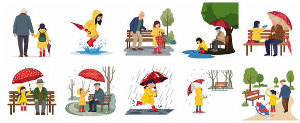 Set of vector illustrations featuring a grandfather and granddaughter enjoying a rainy day outdoors with umbrellas, yellow raincoats, jumping in puddles, and walking in the park.