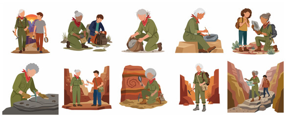 Set of female paleontologist and boy exploring fossils and hiking in nature flat vector illustrations © futureart