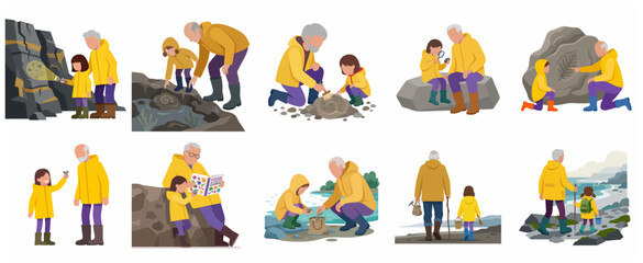 Grandfather and granddaughter exploring fossils and beachcombing on a rocky shore, flat vector illustration set © futureart