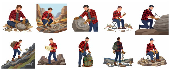 Flat vector illustration set of a male paleontologist or explorer excavating fossils and dinosaur footprints in nature © futureart
