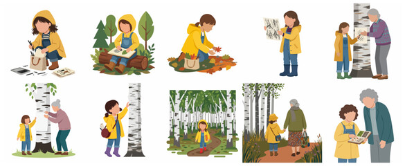 Fototapeta premium Set of illustrations of a young girl and her grandmother exploring nature, sketching and collecting autumn leaves in a birch forest.