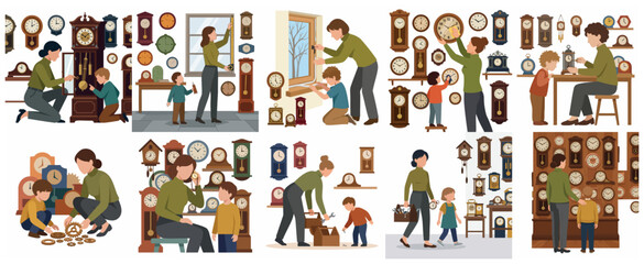 Fototapeta premium Mother and son repairing and cleaning antique clocks together, family hobby and learning concept illustration