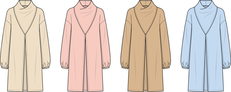 Women longline open front duster cardigan technical flat sketch vector template with cowl neck detail fashion apparel mockup collection