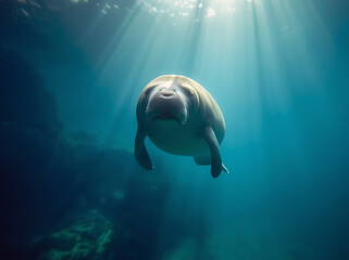 Fototapeta premium Manatee swimming underwater in clear ocean water. Gentle aquatic mammal in natural marine habitat.