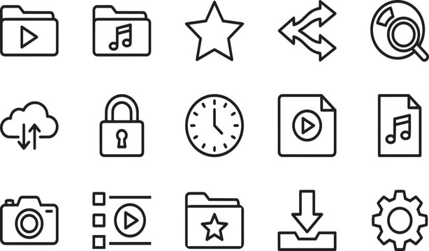 Minimal line icons for multimedia files including video audio storage security and settings.