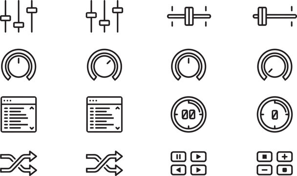 Audio mixer control interface icons featuring faders knobs sliders and playback controllers.