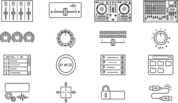 Detailed dj controller and studio equipment icons for sound mixing and hardware connection.