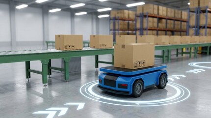 Naklejka premium Blue autonomous guided vehicle carrying a cardboard box on glowing digital path in automated warehouse