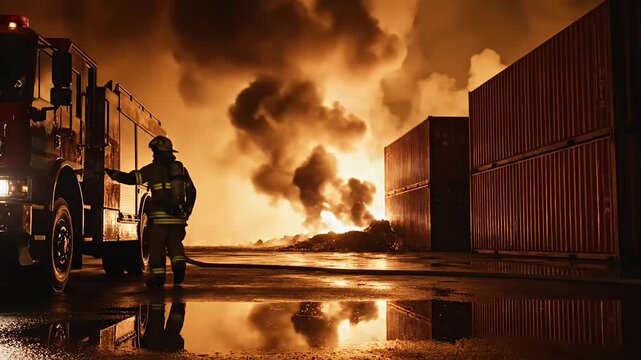 Firefighter walking past engine during large fire at night