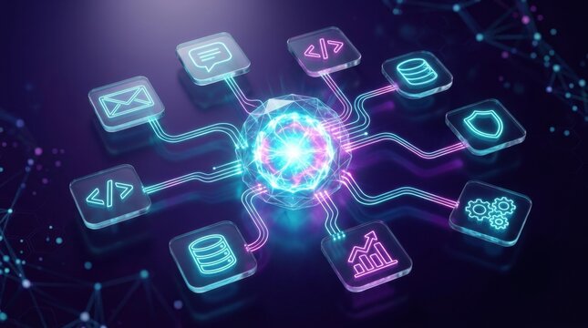 AI agent workflow automation network connected to data, code, security and analytics icons